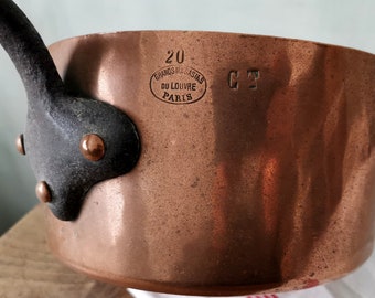 Antique French Large Copper Pan Stamped "Grands Magasins du Louvre PARIS"  / Copper Sauce Pan / Robust  Copper Rivets