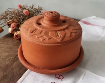 Pot de gardien de beurre en terre cuite, Français ancien beurrier à l'eau primitive, refroidisseur de beurre vintage, poterie faite main, cuisine rustique