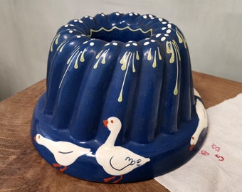 Vintage French Ceramic Round Baking Mold, Blue Glazed Terracotta Cake Pan, Goose Decor