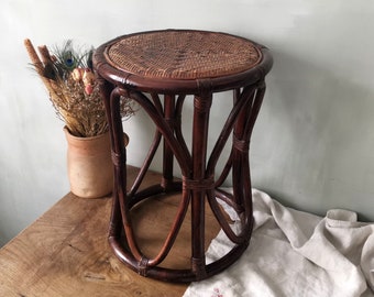 Vintage Rund Bambus Beistelltisch / Rattan Tisch / Canework Tisch / Korb Blumenständer