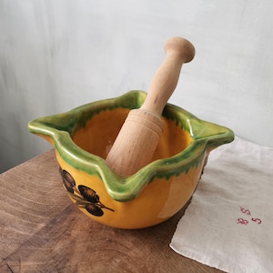 Vintage Provencal Apothecary Mortar with Pestle, Green Yellow Glazed Stonewre