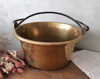Antique French Brass Cauldron, Hand Hammered, Wrought Iron Handle / Extra Large Basin Bowl