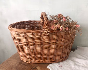 LARGE Vintage French Wicker Basket, Braided Rattan Market Basket, Rustic Woven Basket, Handmade Picnic Basket, Shopping Basket, Dark Brown