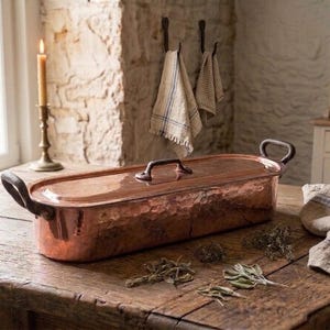 Vintage French Hammered Copper Fish Kettle, Stamped "Atelier du cuivre Villedieu",  Poacher Steamer, New Tin Lining