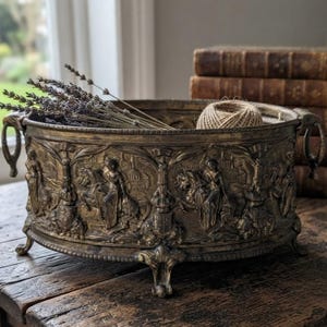 Vaso antico francese del XIX secolo in bronzo sbalzato raffigurante Giovanna d'Arco con piedini a zampa di leone e decorazione a rilievo con cavallo.
