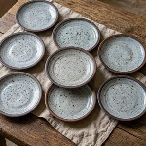 May include: A set of seven round ceramic plates featuring a light gray speckled glaze and a dark brown rim. Each plate has a shallow basin and a smooth, circular surface. The plates are arranged in a cluster, showcasing the consistent speckled pattern and the distinct dark edge that defines the circular shape of each individual piece.