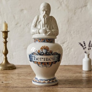 Può includere: Un vaso da farmacia in ceramica bianca con un coperchio a forma di figura barbuta. Il vaso presenta un cartiglio blu con la scritta Theriaca, circondato da motivi floreali arancioni e blu. La base e il collo hanno fasce decorative abbinate.