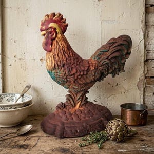 May include: A decorative rooster figurine featuring a weathered, multi-colored finish with shades of rust, red, yellow, and green. The rooster stands on a textured, oval-shaped base, displaying detailed plumage and a prominent comb on its head.