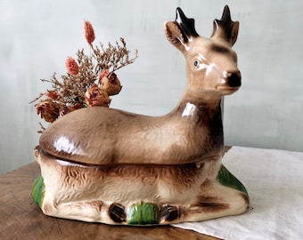 Soupière cerf en céramique vintage française / Michel CAUGANT estampillé / Cerf en céramique / Soupière en majolique marron vert