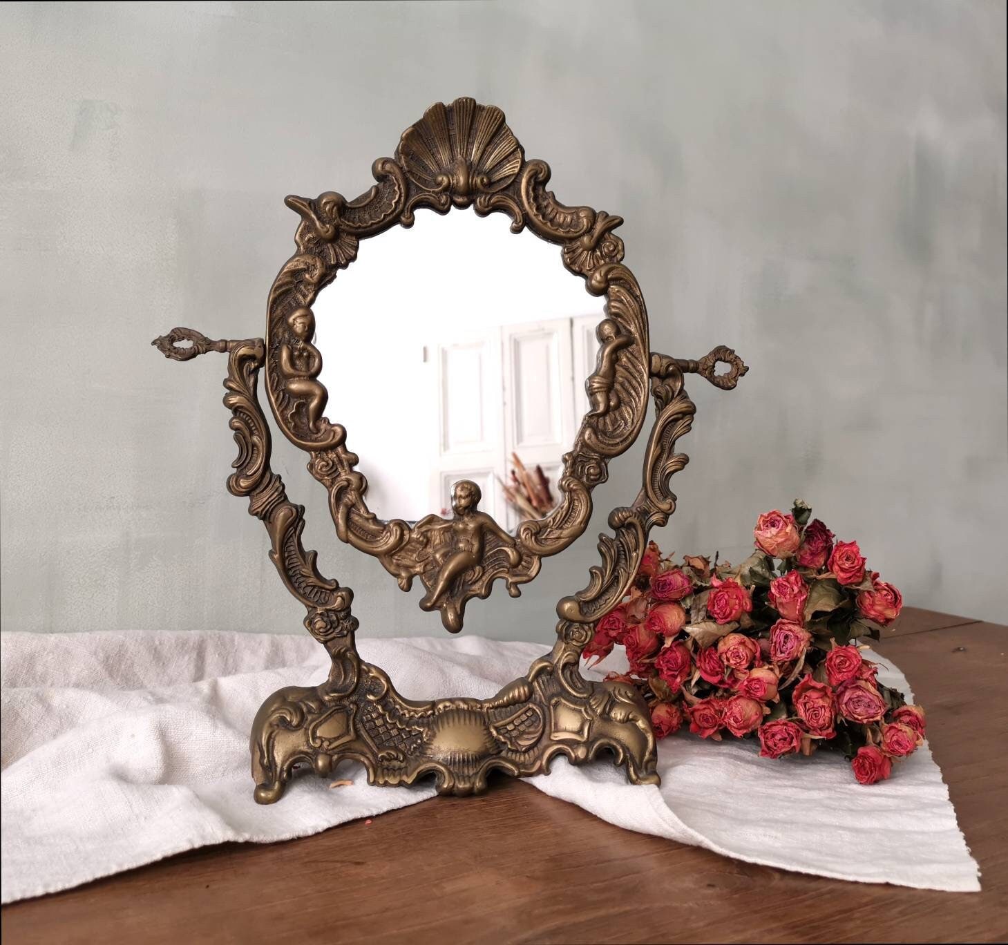 French Vintage Brass Swivel Mirror / Golden Rococo Mirror / Cherub Decor / Ormolu Frame / Gold Gilt Boudoir Mirror