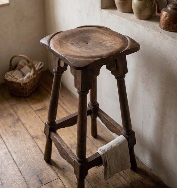 Antique French Oak Wood High Bar Stool, Primitive Conter Seating, Wabi Sabi Plant Stand