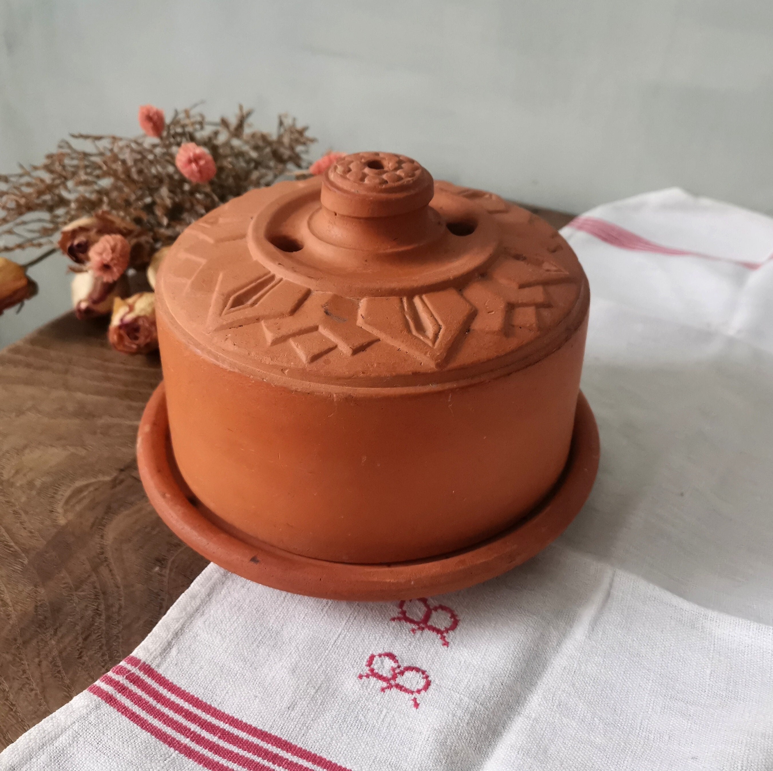 Antique French Terracotta Butter Keeper Crock: Primitive Kitchen