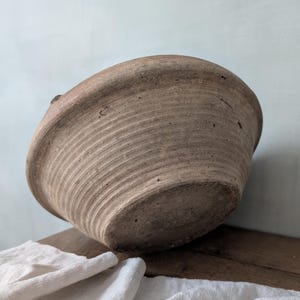 Antique French Stoneware Dairy Bowl, Brown Beige Mat Stoneware, Dough Bowl w 2 Spouts, Mixing Bowl
