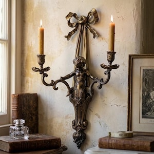 French Vintage Gilt Metal Cherub Putto Ribbon Two 2 Arms Wall Candle Sconce, Louis XVI Style