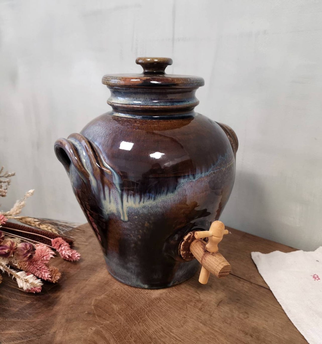Vintage French Large Kitchen Pot With Wooden Tap, Blue Glazed Stoneware