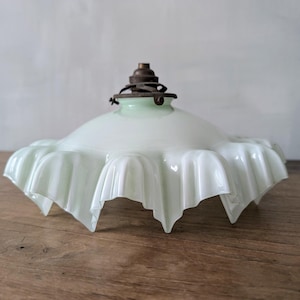 Vintage French Pastel Green Milk Glass Folded Ceiling Shade, Suspended Pleated Opaline Lampshade