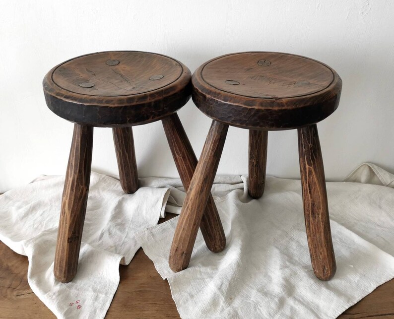Rustic Wooden Three Legged Farmhouse Stool / Handmade French Milking ...