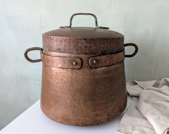 Antique French Hand Crafted Copper Cauldron with Lid 19thPRIMITI
