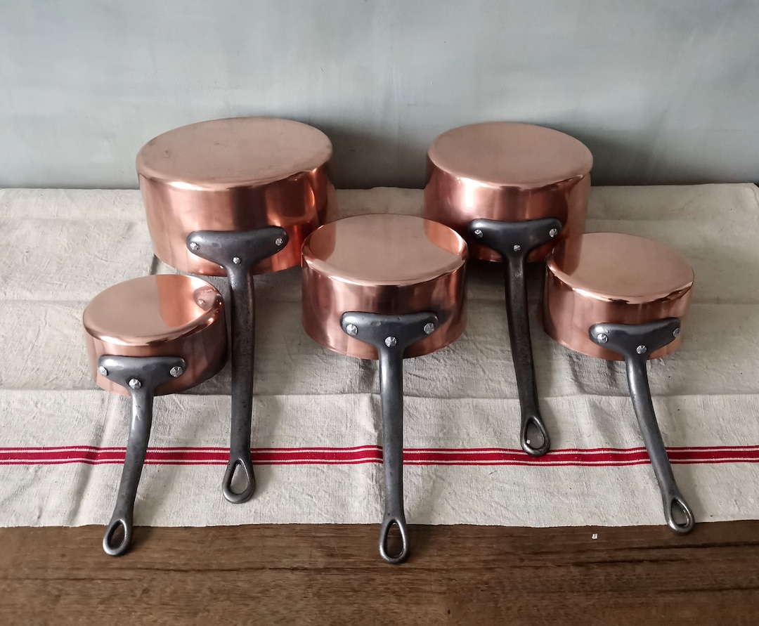 French Set of 5 Copper Pans / Solid Copper / Tin Lining / Robust Rivets