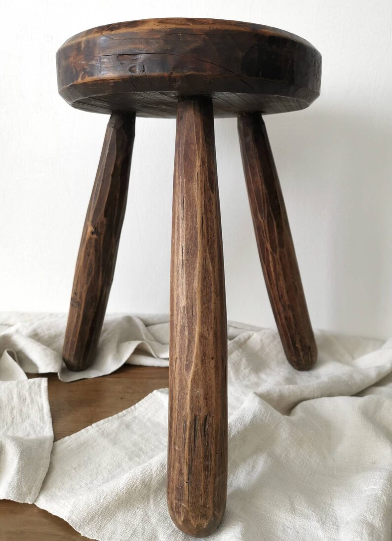 Rustic Wooden Three Legged Farmhouse Stool / Handmade French Milking ...