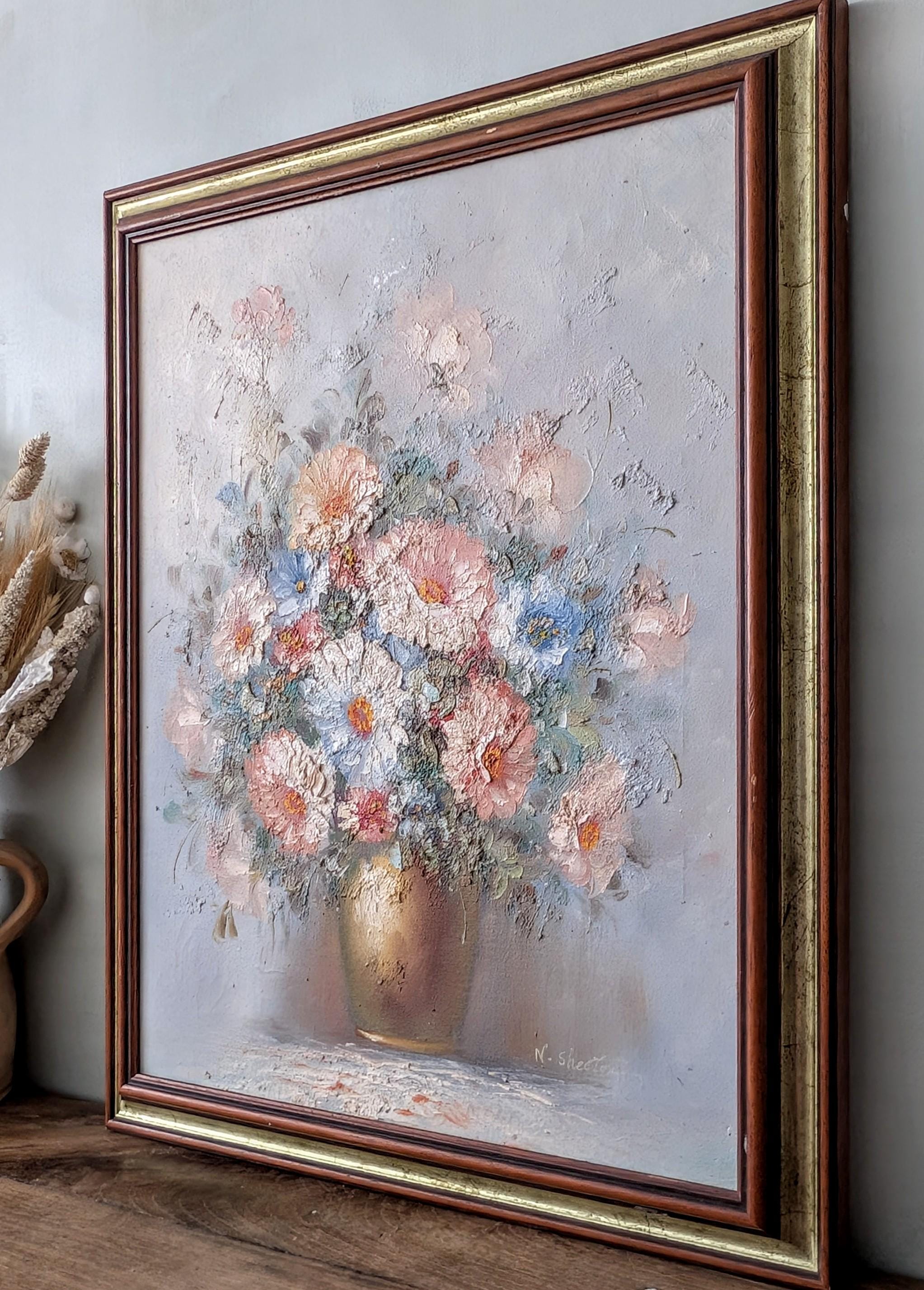 フランス　アンティーク　静物画　油彩　額装品　金色フレーム　花瓶　花　油絵 フランスアンティーク静物画油彩額装品金色フレーム花瓶花油絵