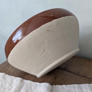 French Vintage Mixing Bowl, Beige Mat Stoneware, Brown Rim, Rustic Farmhouse Kitchen, Fruit Bowl