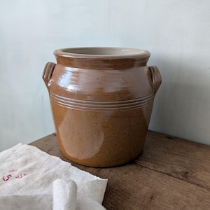 Fransk Vintage Confitkruka, Beige Brun Glaserad Stengods