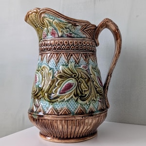 Antique French Majolica Pitcher, Green Turquoise Floral Decor, Art Nouveau