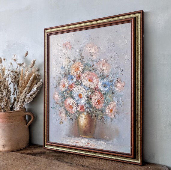 ヴィンテージフランス花油絵、額入り静物ブーケ - Etsy 日本