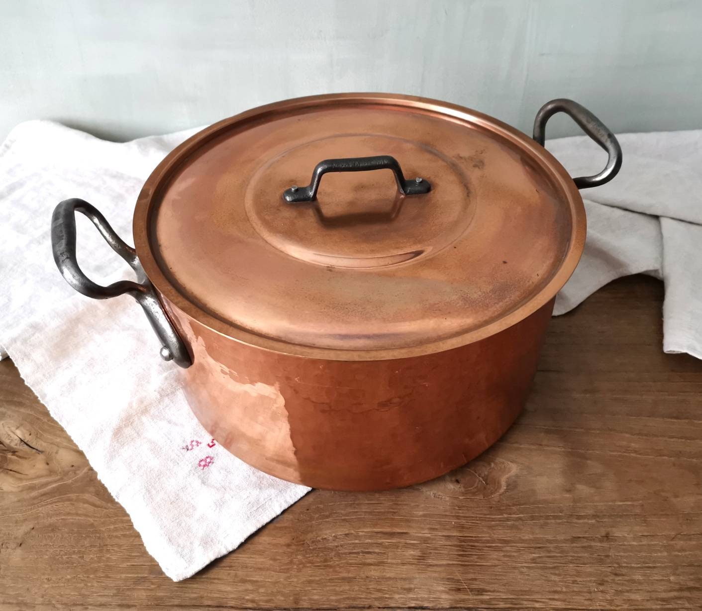 Antique Large French Hammered Copper 13.75 Stew Rondeau Pot NO LID