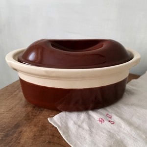 Vintage French Ceramic TERRINE, Glazed Beige Brown Stoneware