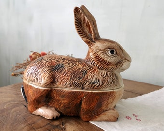 Vintage French Ceramic Rabbit Tureen / Stamped Michel CAUGANT / Ceramic Hare Figure / Brown Majolica Tureen