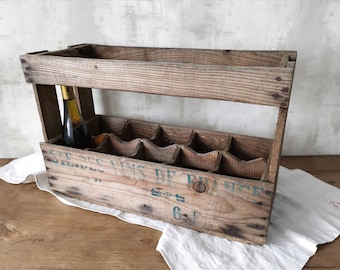 French Antique Wine Bottle Rack , Dark Wood, Handled Wine Carrier, Bottle Caddy, 10 Compartments, Marked "Vins de France"