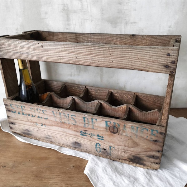 French Antique Wine Bottle Rack , Dark Wood, Handled Wine Carrier, Bottle Caddy, 10 Compartments, Marked "Vins de France"