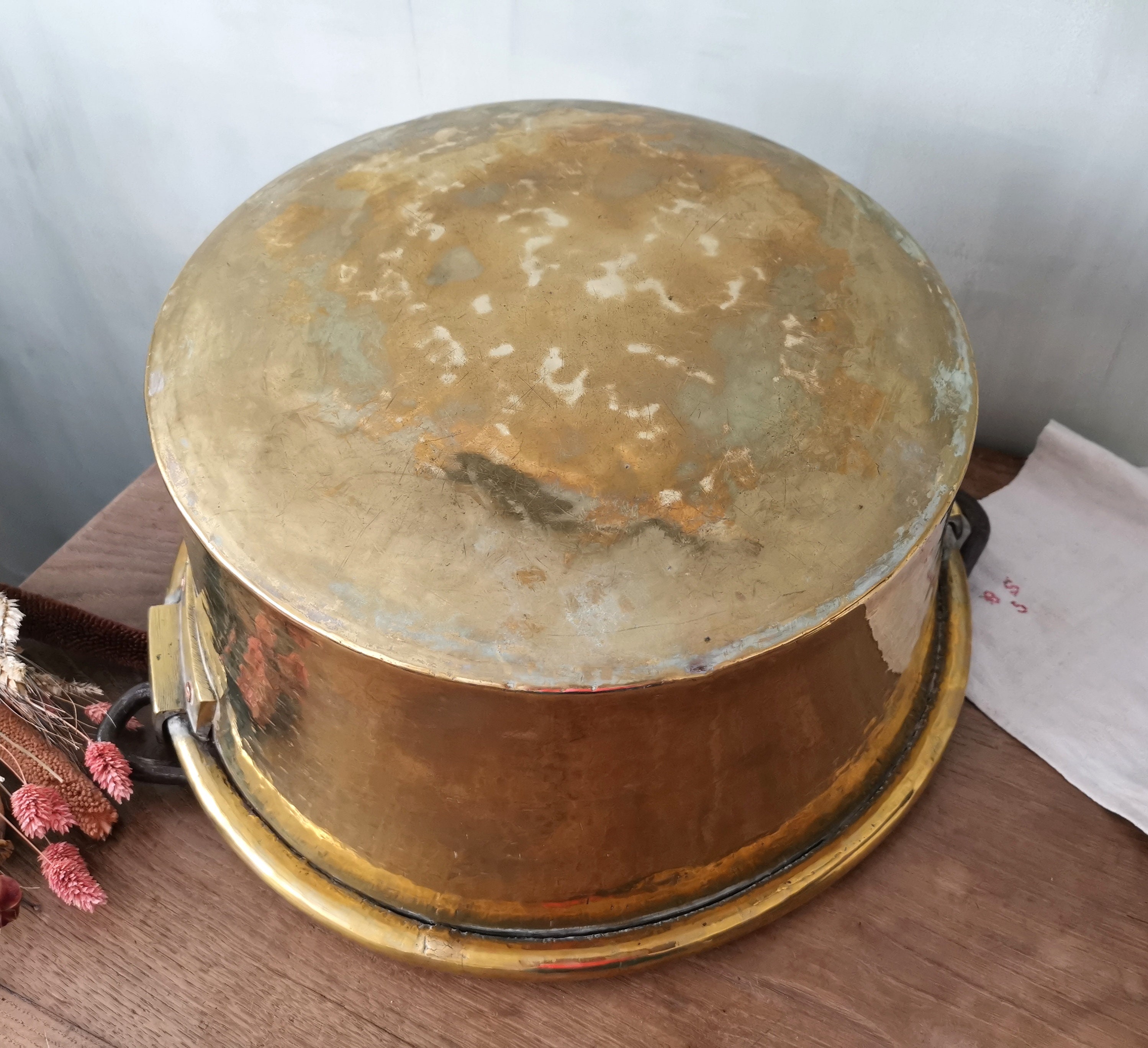 Antique French Brass Cauldron, Hand Hammered, Wrought Iron Handle ...
