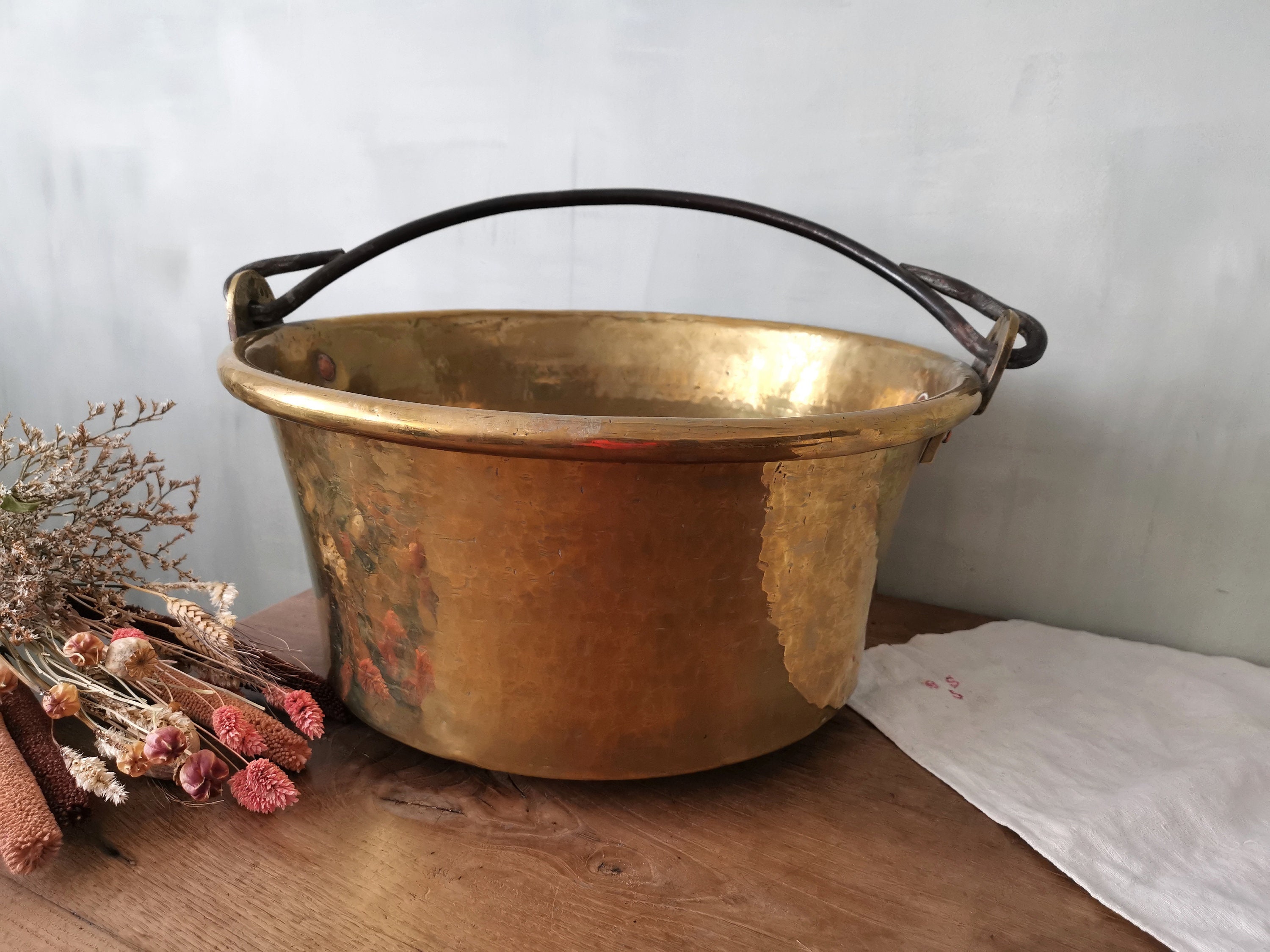 Antique French Brass Cauldron, Hand Hammered, Wrought Iron Handle ...