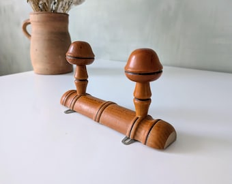 French Vintage Faux Bamboo Wall Coat Rack, Turned Wood, 2 Hooks
