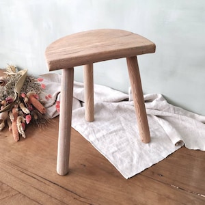Antique French Milking stool Chair / Raw Wood / Rustic Wooden Three Legged Farmhouse Stool / Half-moon Seat / Oak Footstool