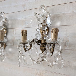 2 Antique French Napoleon Brass Wall Light Sconces with Crystal Drops, Electrified, Pair of LARGE Ornate Wall Lights 2 Armed Candle