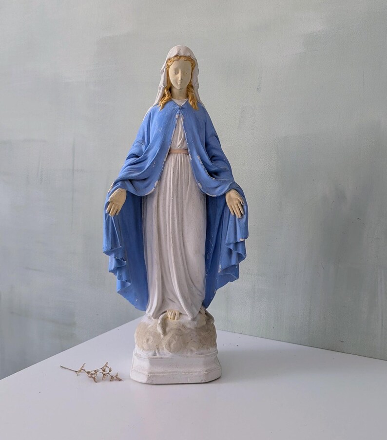 Antique French Virgin Mary, Blue Chalkware Statue of Our Lady of ...