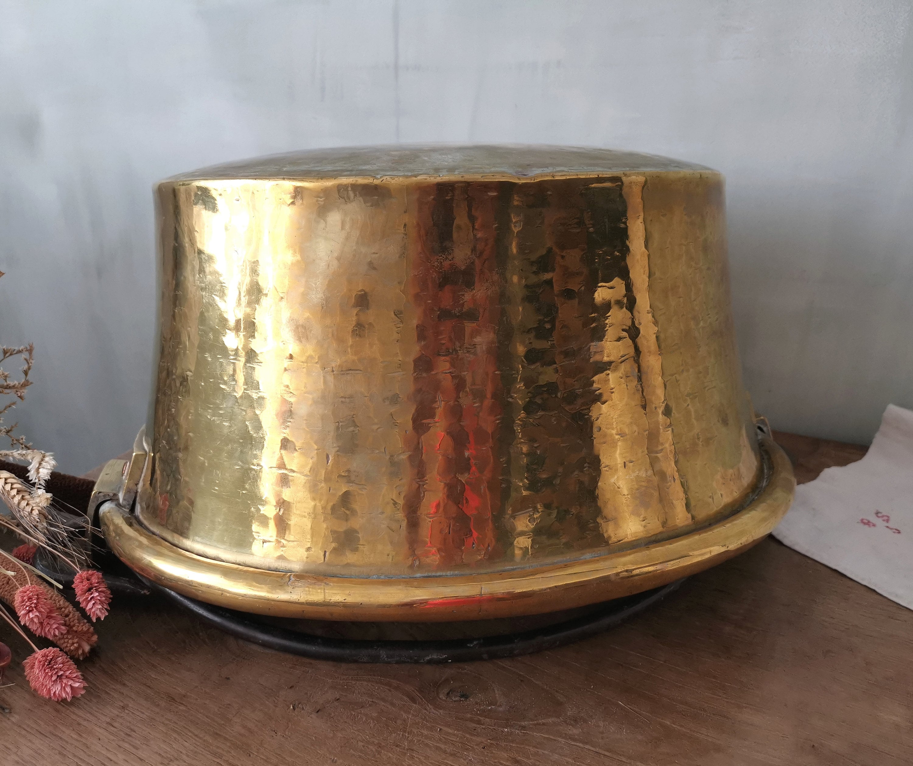 Antique French Brass Cauldron, Hand Hammered, Wrought Iron Handle ...