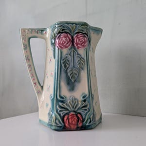 Antique French Majolica Pitcher, Floral Blue Turquoise Decor, Art Nouveau