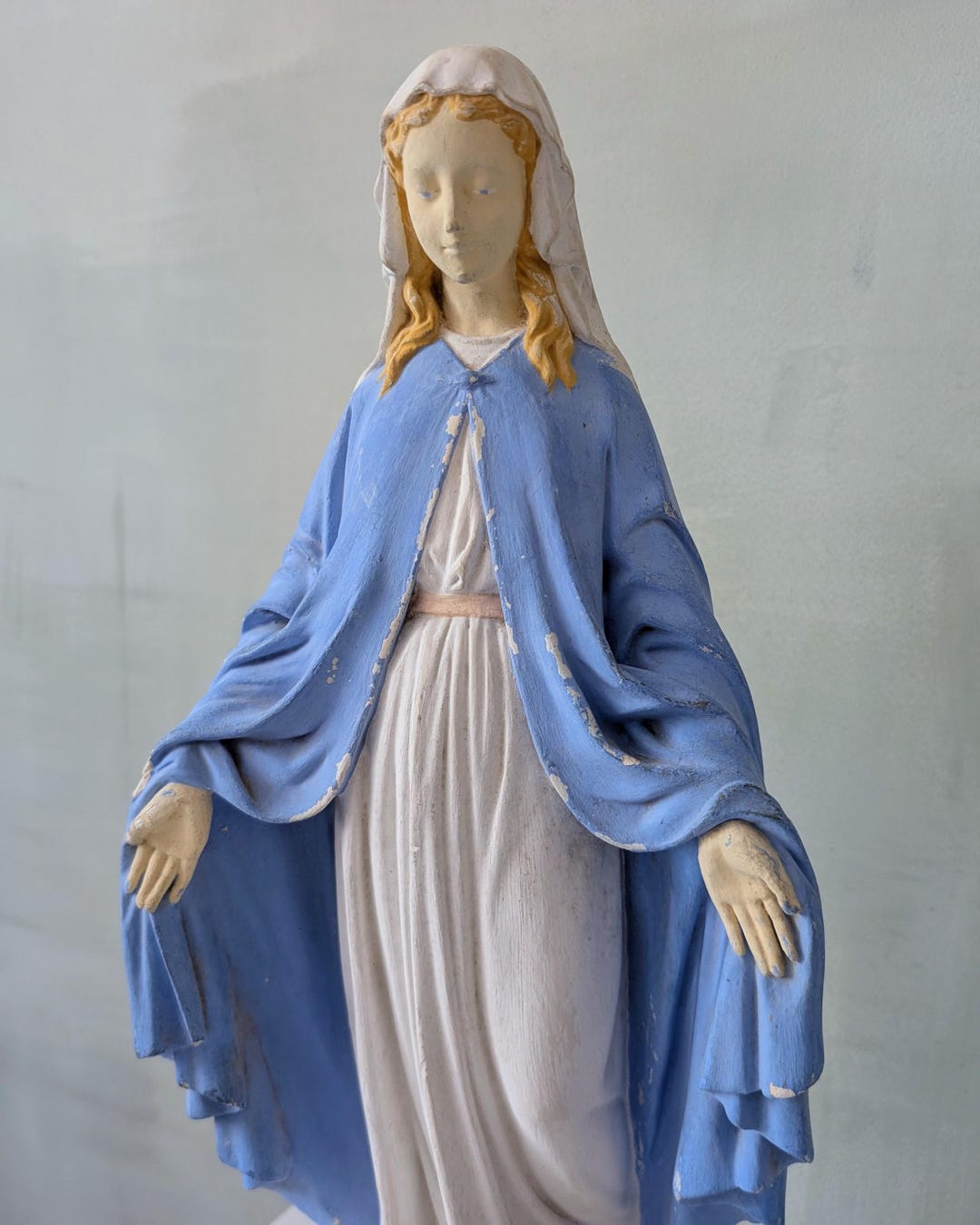 Antique French Virgin Mary, Blue Chalkware Statue of Our Lady of ...
