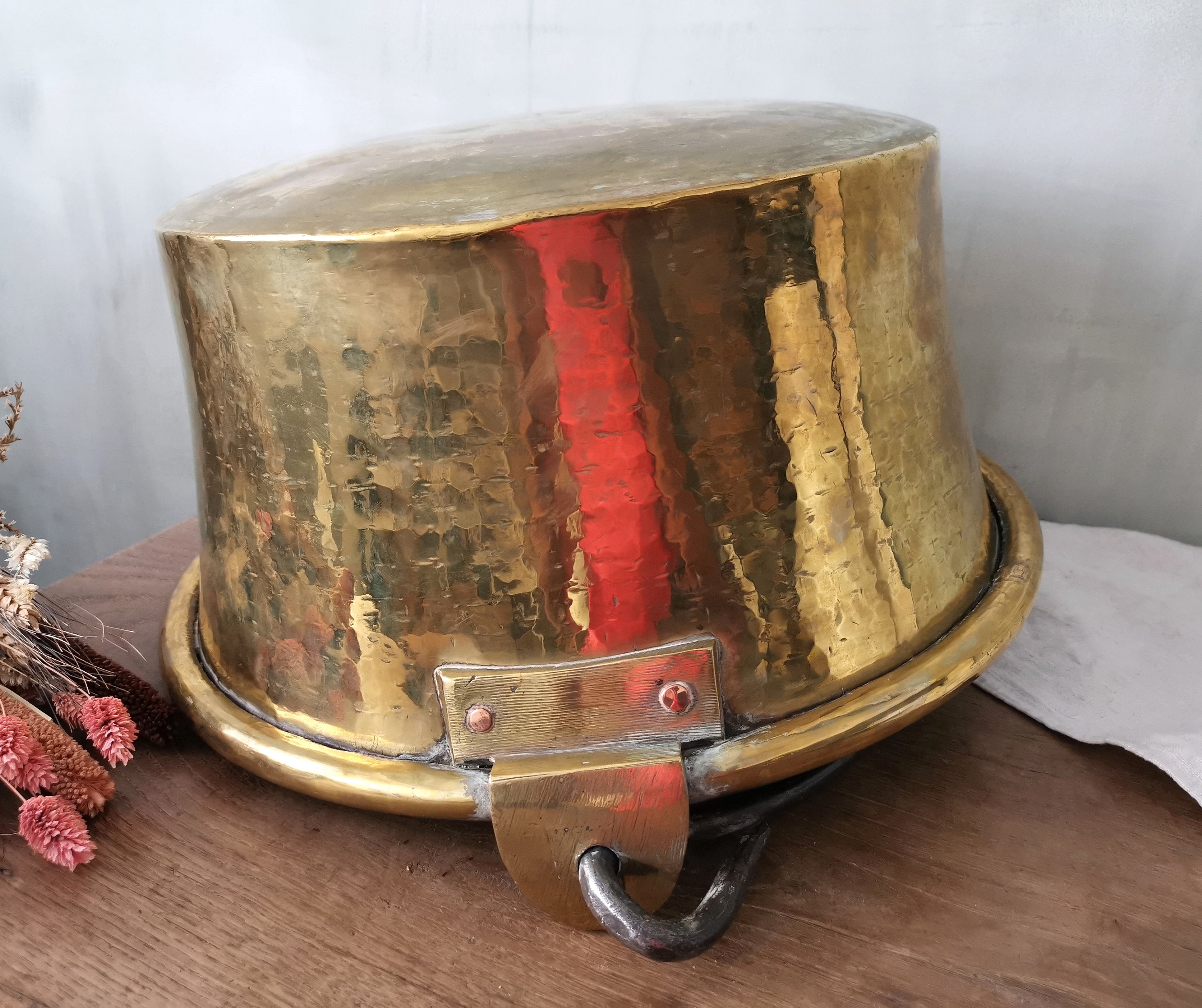 Antique French Brass Cauldron, Hand Hammered, Wrought Iron Handle ...