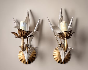 Vintage Gilded Ear of Wheat Wall Sconces - Hollywood Regency Maison Jansen Style Toleware Pair