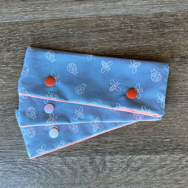 Blue-Gray/White Bee & Ladybug Print with Pink/White Polka Dot Lining - DPN/Circular Needle Cozy