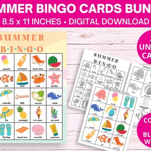Zomerstrandbingo afdrukbare partyspelkaarten Activiteiten voor kinderen, 25 unieke zomer-, stranddag- of zwembadfeest kinderbingokaarten