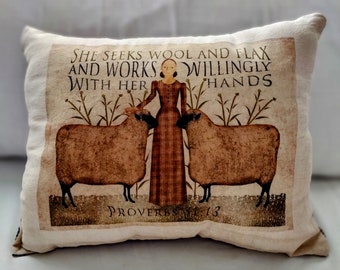 Primitive Sheep Throw Pillow Farmhouse Proverbs 31 13 Decorative Pillow