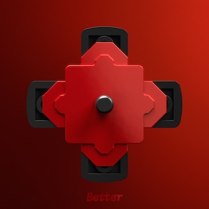 Pode incluir: Um design geométrico vermelho e preto com a palavra "Better" impressa abaixo. O design é composto por quatro quadrados sobrepostos com cantos arredondados.