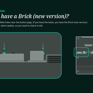 Peut inclure: Graphique vert fonc&eacute; avec le texte "Mini-Guide" et "Do I have a Brick (new version)?" L'image montre un sch&eacute;ma d'un appareil avec des fl&egrave;ches pointant vers de petits trous. Le texte explique comment identifier la nouvelle version.